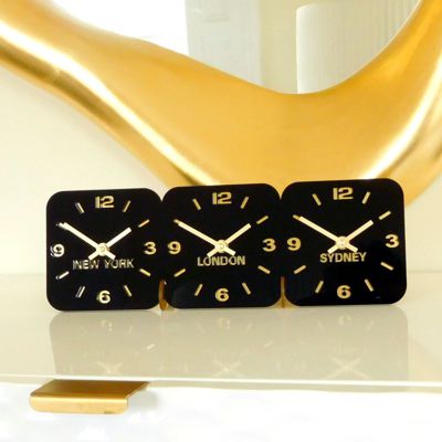 Desk Table Time Zone Clock BLACK & GOLD 3 DIAL 350mm x 120mm x 70mm