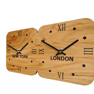 Oak Wooden Wall Time Zone Clock H15cm x W30cm Dual Horizontal