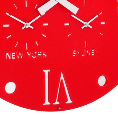 Gloss Red Round Retro Roman Timezone Wall Clock 49cm Dia Three Dial