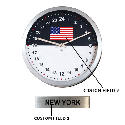 24hr Time Zone Flag Clock & Sign 26cm Diameter Brushed
