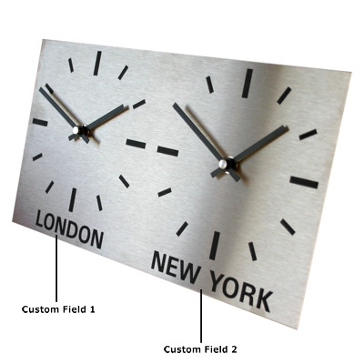 Dual Dial Brushed Stainless Steel Clock  17cm x 30cm (15cm Dial)