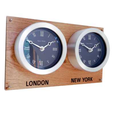 Oak Backboard Everyday Multi Time Zone Wall Clock  Dual Dial Oak H19cm x L32cm x D6cm 