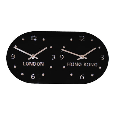 Black Gloss Retro Timezone Wall Clock H16cm x L30cm Horizontal Dual Dial