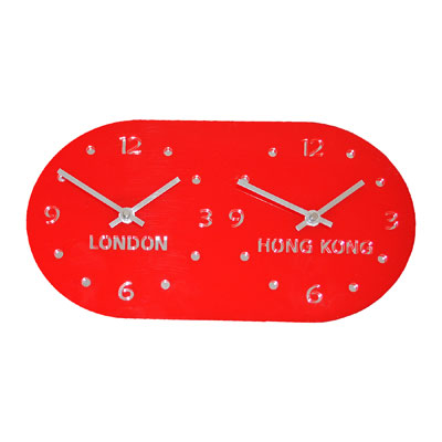 Red Gloss Retro Timezone Wall Clock H16cm x L30cm Horizontal Dual Dial
