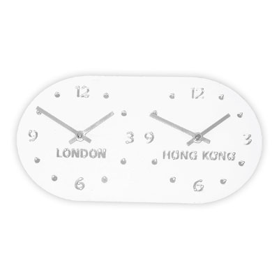 White Gloss Retro Timezone Wall Clock H16cm x L30cm Horizontal Dual Dial