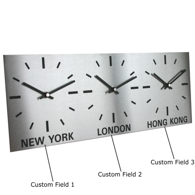 Triple Dial Brushed Stainless Steel Clock L45cm x H17cm (15cm Dials)