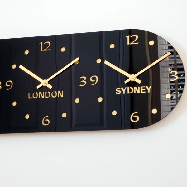 Decora Black & Gold Time Zone Wall Clock H19cm x W36cm Dual Horizontal