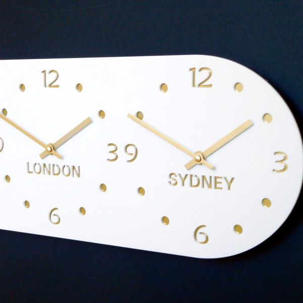 Decora White & Gold Time Zone Wall Clock H19cm x W36cm Dual Horizontal