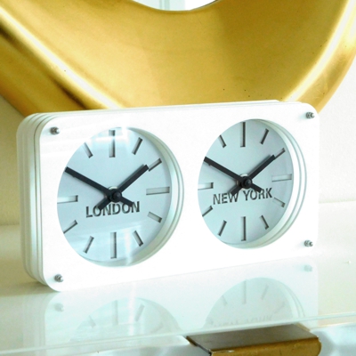 Spirit Gloss White Silver Time Zone Desk Clock 2 DIAL