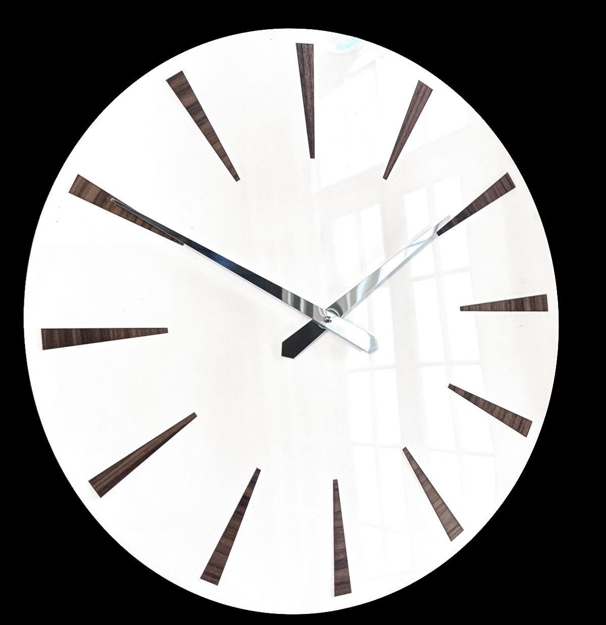 Chevron Gloss White Wall Clock Walnut Digits 35cm (13.75) Diameter